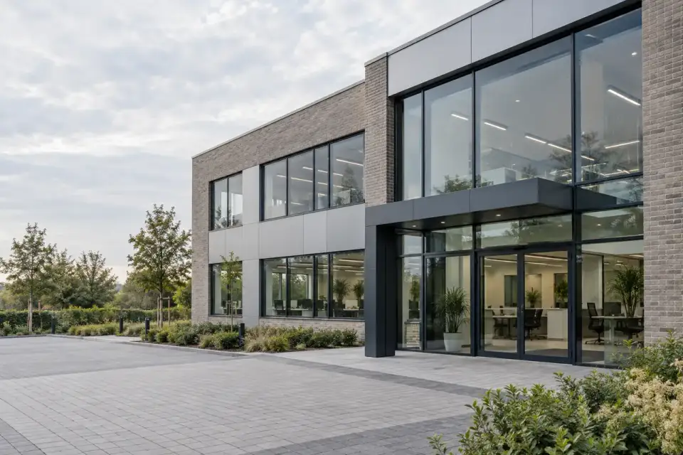 A two-storey commercial building with large windows and a glazed entrance beside a paved forecourt